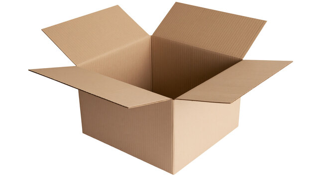 Isolated empty open brown carton box, perfect for packaging, shipping, delivery, and storage