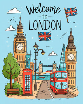 Beautiful flat design illustration Welcome to London