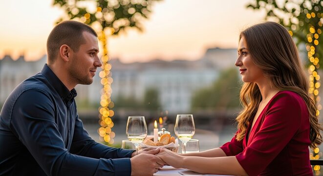 A couple holding hands at a romantic dinner table with wine glasses and a candle.