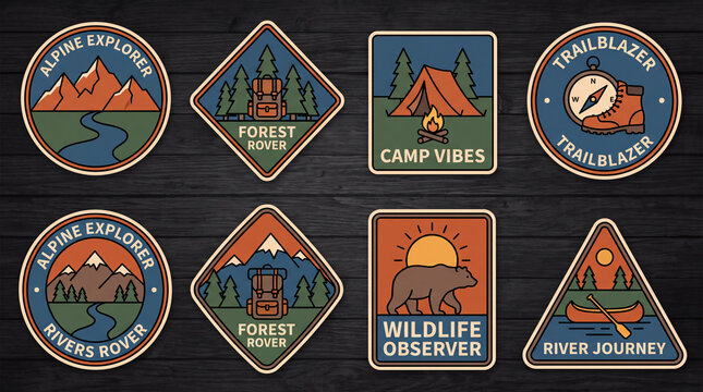 A collection of colorful outdoor adventure patches featuring mountains, forests, camping, and wildlife motifs on a wooden background.