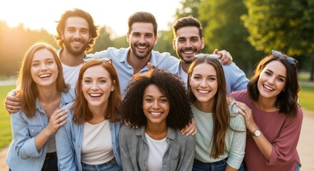 Fototapeta premium A group of smiling friends standing outdoors in a park.
