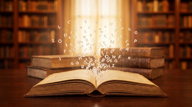 An open antique book with letters magically rising and forming shapes in a dimly lit library with bookshelves.