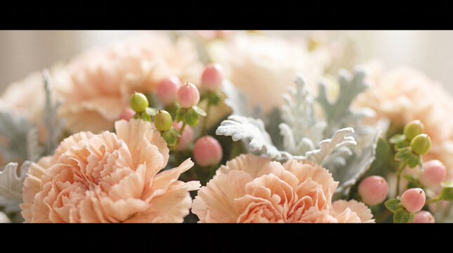 A close-up macro shot of a delicate floral arrangement featuring soft peach carnations, hypericum berries, and dusty miller leaves.