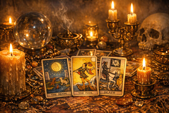 A mystical set of tarot cards arranged on a candlelit altar with symbols of the occult, including a crystal ball and a skull.