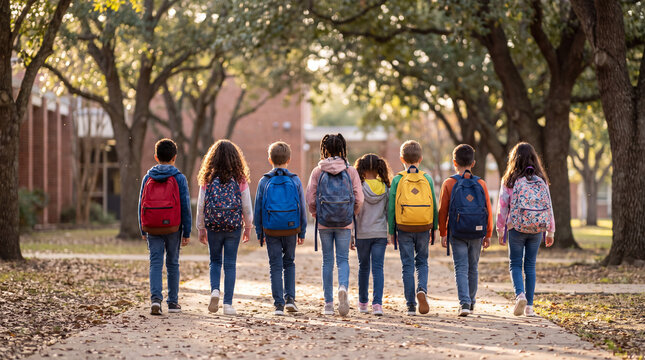A diverse group of young students with backpacks walk together on a path towards their school building.