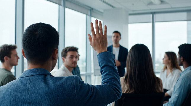 A group of professionals in a meeting room, with one person raising their hand to ask a question to the speaker.