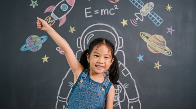 A happy young girl in denim overalls dreams of space, standing in front of a blackboard with an astronaut drawing and cosmic elements.
