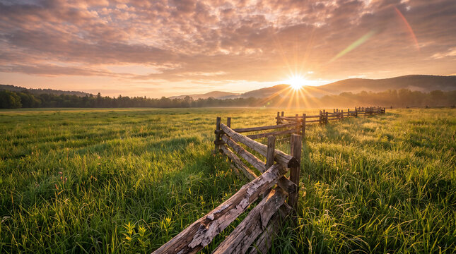 Golden sunrise illuminates a grassy meadow and a rustic split-rail fence in this tranquil rural landscape.