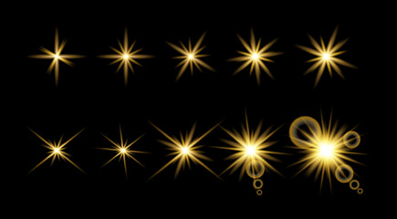 Fototapeta premium Set of glowing star sparkle light effect vector illustration isolated on a dark black background