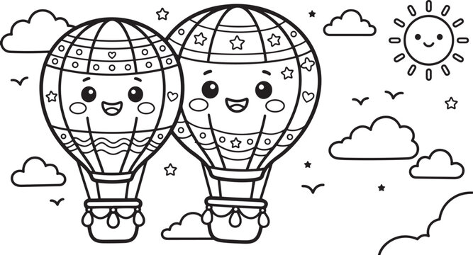 Cartoon hot air balloons with smiling faces and clouds black and white vector illustration