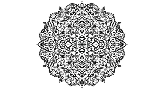 Intricate black and white mandala design with detailed floral patterns silhouette