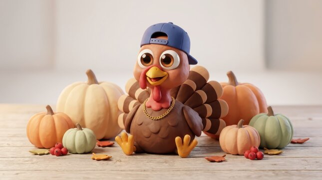 Cute claymation style turkey wearing backward blue cap and gold chain sitting on wooden table surrounded by pastel colored autumn pumpkins.