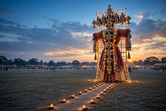 Large Ravana effigy decorated with lights at sunset during Dussehra festival in India