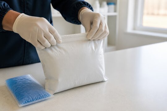 Rural Telepharmacy Consultation - hands seal an insulated medicine pouch