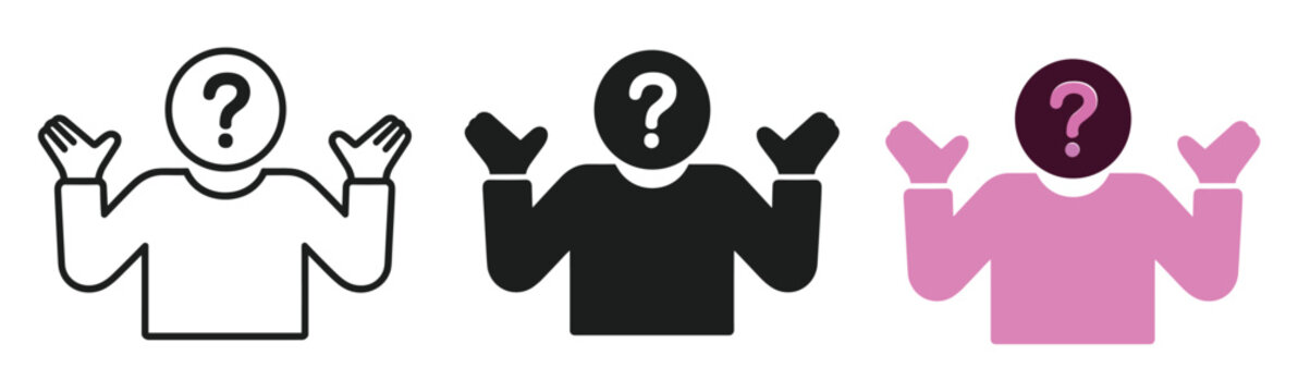 Question Mark Head Icon: A set of stylized icons representing a person with a question mark for a head, conveying confusion, uncertainty, or inquiry.