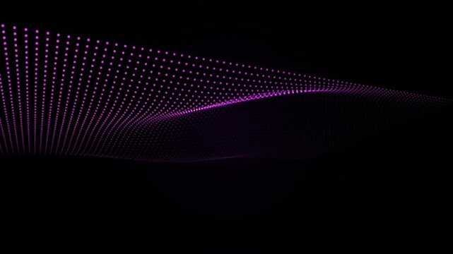 Abstract flowing wave surface composed of luminous purple dots moving rhythmically in dark digital space creating dynamic smooth motion background.