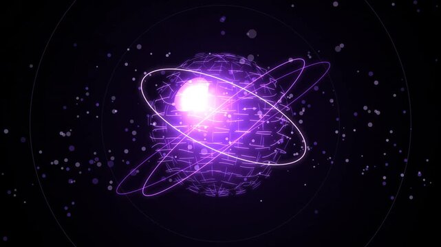 Abstract purple glowing atom structure rotating in space featuring digital particle orbits and flickering light core for science backgrounds.