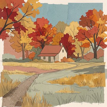 Small farmhouse framed by peak autumn foliage and golden meadow in a quiet rural mixed-media collage landscape