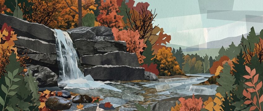 Waterfall surrounded by autumn foliage and dark layered rocks flowing into a shallow forest stream in a cinematic mixed-media collage