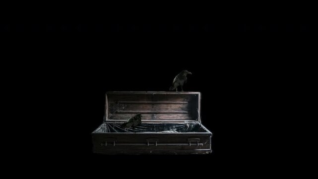 Two ravens on old wooden casket