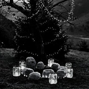 Christmas apple tree meadow with frosted stones and lanterns