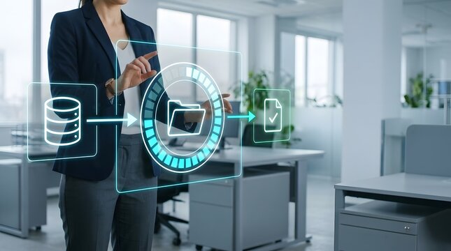 Businesswoman interacting with a digital interface showing a loading process for data transfer and cloud storage