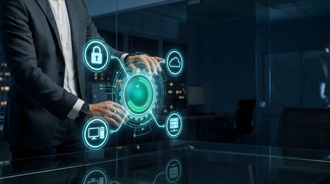 Businessman interacting with a digital interface showing a loading process for secure network data protection