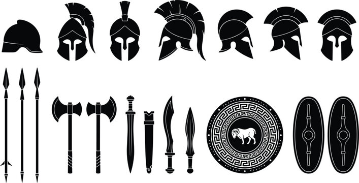 Ancient roman spartan gladiator warrior helmet shield and weapon silhouette collection set isolated on white background.