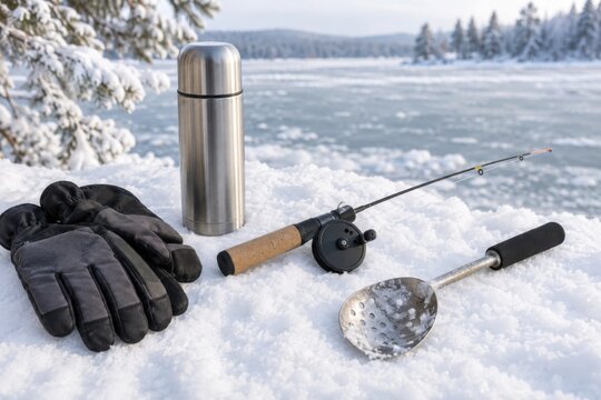 Ausr&uuml;stung zum Eisangeln auf einem verschneiten See &ndash; Angelrute, Eissch&ouml;pfer, Handschuhe und Thermosflasche liegen einsatzbereit am Eisloch in ruhiger Winterlandschaft.