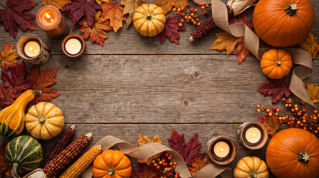 Autumn Thanksgiving Background with Pumpkins, Fall Leaves, Candles and Rustic Wooden Table 