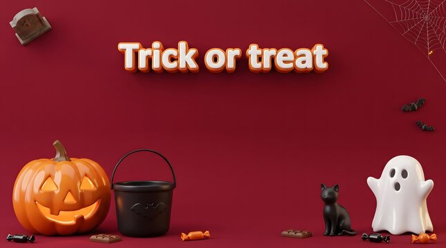 Halloween scene with pumpkin cauldron ghost and bats in 3d rendering