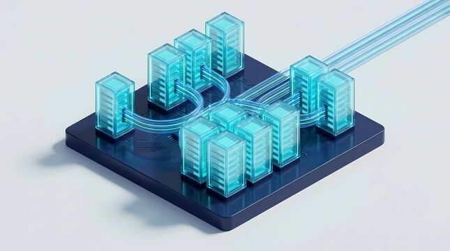 cloud database, server architecture, data center, glass server, isometric 3d, cloud network, cyber infrastructure, data storage, network connection, tech server, 3d render, computing power