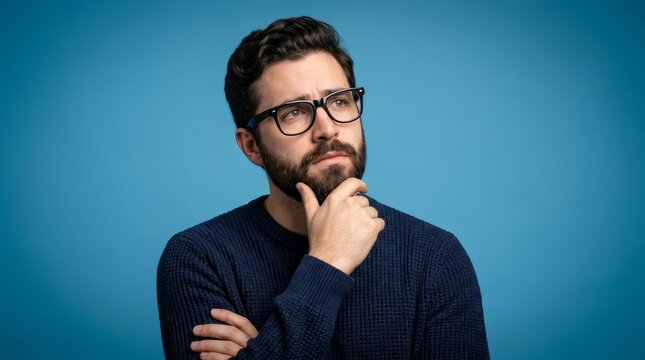 Handsome bearded young man wearing glasses and sweater looking up thoughtfully.