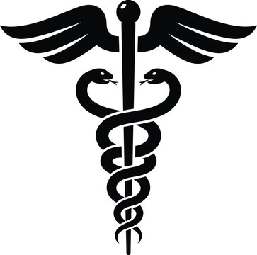 Medical caduceus symbol silhouette vector icon with snakes and wings isolated on a white background for design.
