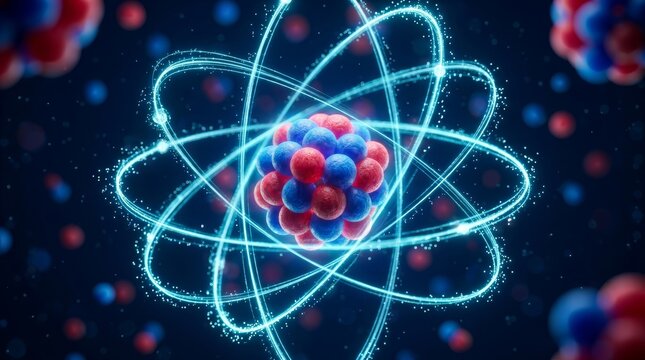 Red and blue atom model with glowing orbital paths over a blurred background.