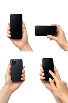Three hands each holding a different smartphone, showcasing models and design features.