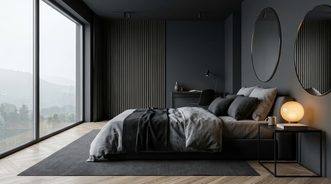 Modern gray bedroom corner featuring a round mirror and minimalist bed.