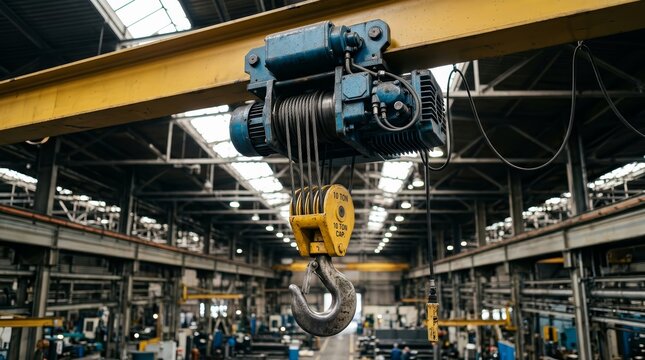 Industrial overhead crane with steel hook and slings in a factory shop.