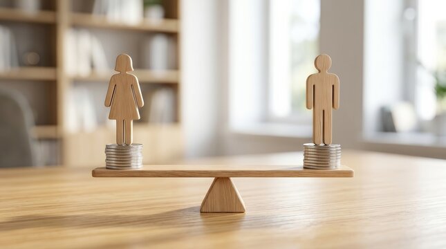Wooden man and woman figures standing on balanced scales with coins for pay equity.