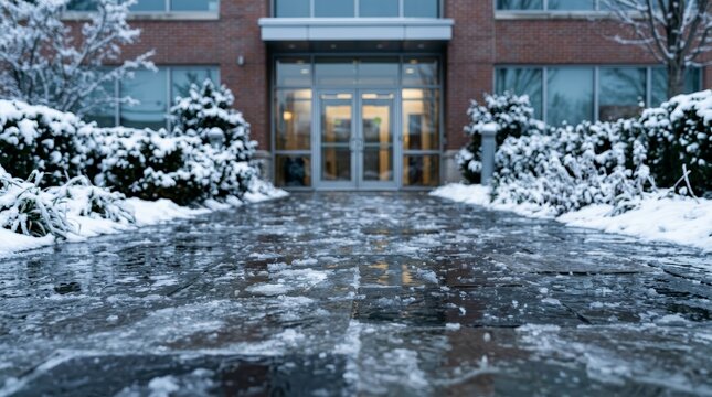 An icy pathway leads towards the office building entrance on a cold winter day.