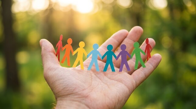 A hand holds a colorful paper people chain symbolizing unity and diverse community support.