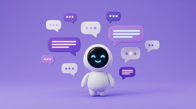 Cute artificial intelligence bot surrounded by floating speech bubbles