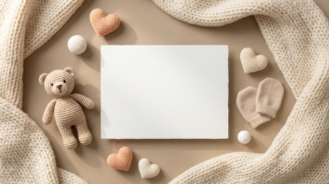 Baby shower announcement flat lay with blank card and knitted teddy bear.