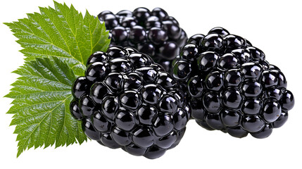 Isolated ripe blackberries with fresh green leaves showing detailed texture and vibrant dark fruit © Oisin