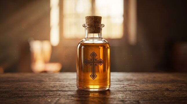 Sacred chrism oil in a small glass bottle with a cork and holy cross emblem.