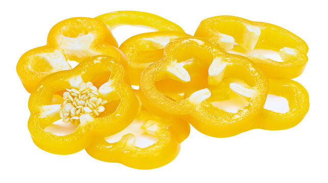 Isolated fresh raw yellow bell pepper slices, delicious organic vegetable food ingredients