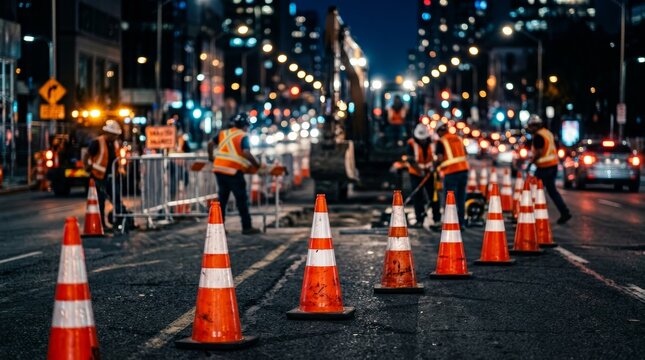 Road work in progress at night with traffic cones on the street.