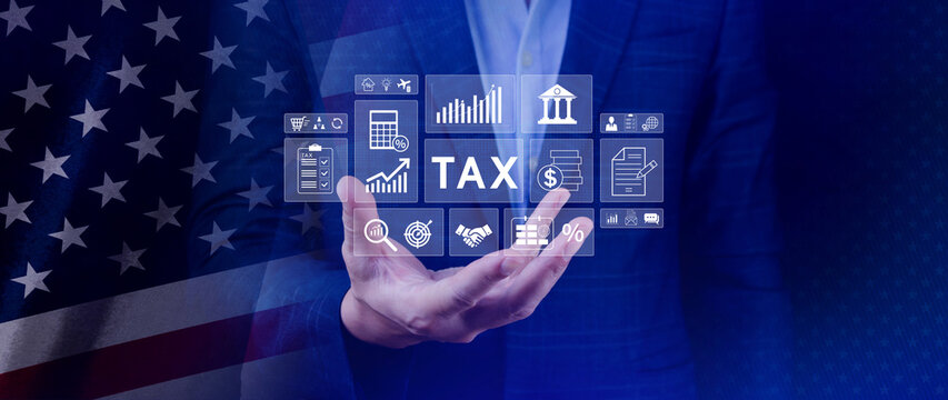 US Online tax payment and financial planning concept. analyzing financial data and US tax calculation to complete Individual income tax return, American state taxes, report. not ai
