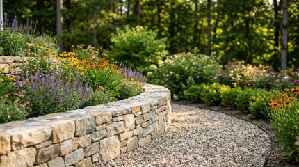Fototapeta premium A tranquil landscaped garden featuring a curved stone retaining wall and colorful perennials.