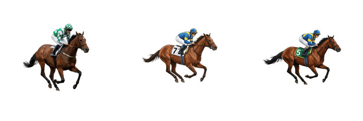 Set of isolated racing horses with jockeys in colorful silks galloping at high speed on transparent background, equestrian sport and horse racing competition graphics for sports and gambling designs